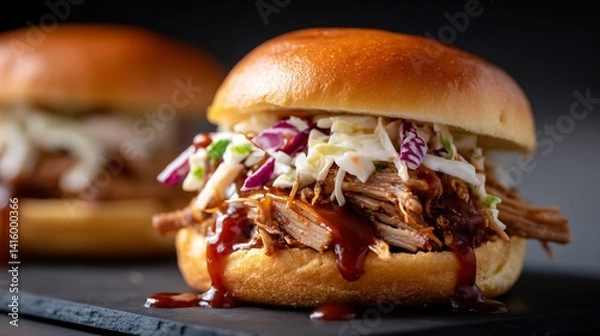 Obraz A mouthwatering pulled pork sandwich with coleslaw and bbq sauce, ready to be devoured.