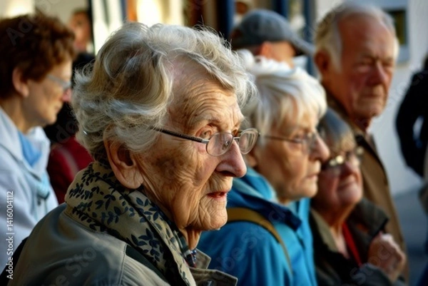Fototapeta Portrait of an elderly woman on a background of a crowd of people