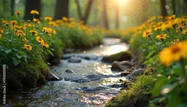 Fototapeta Serene nature landscape photo. Forest stream flows through vibrant yellow flowers. Sunlight illuminates water, creating tranquil, idyllic scene. Perfect for travel, wallpaper, vacation themes. Calm