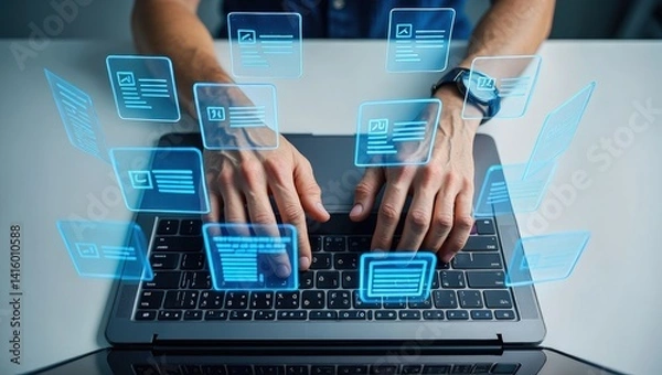 Fototapeta Man typing on laptop, glowing electronic document files and digital signature