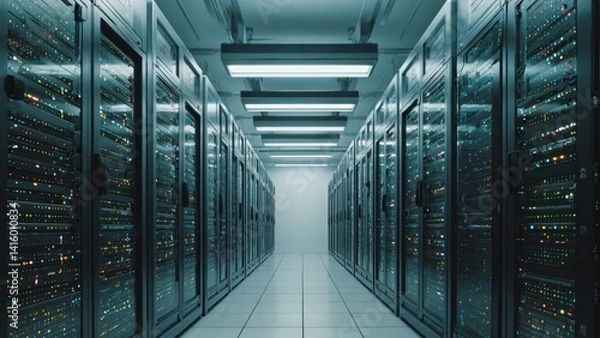 Fototapeta Rows of servers and network racks in a modern data center.