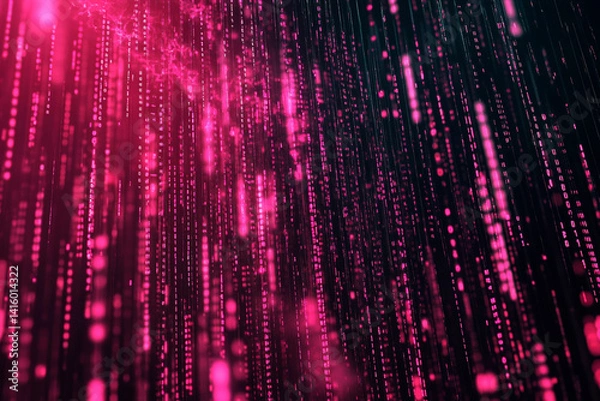 Fototapeta Flow of data in the future digital rain and cloud computing. Abstract digital rain of binary code in pink and red on a black background. 