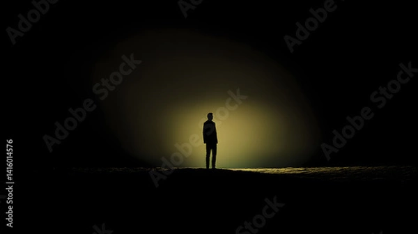 Obraz Solitary Silhouette: a mysterious silhouette of a person stands alone, illuminated by a single spotlight casting a dramatic shadow. The ambiance evokes deep emotions and introspection.