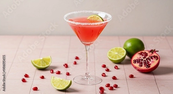 Obraz Refreshing Pomegranate and Lime Martini Cocktail garnished with lime wedge and sugar rim, surrounded by pomegranate seeds and lime slices on a pink tiled surface.
