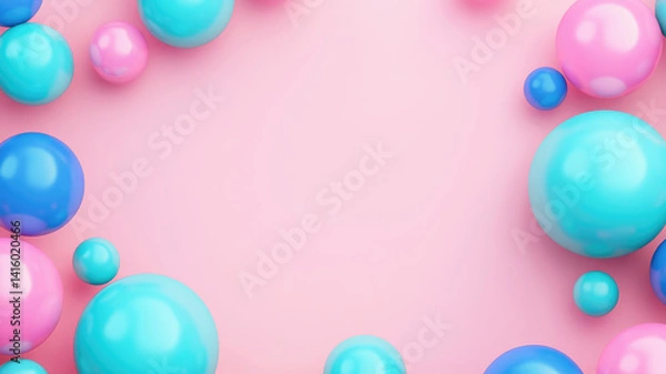 Obraz banner abstract background, with 3d blue, turquoise and pink spheres, balls on pink background.