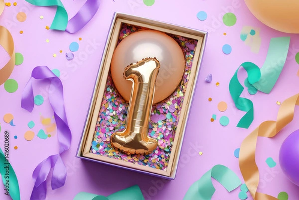 Obraz first birthday gift box with number 1 balloon inside, confetti and ribbons on a pastel background