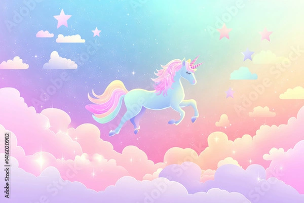 Obraz holographic fantasy rainbow unicorn background with clouds and stars. pastel color sky. magical landscape, abstract fabulous pattern. cute candy wallpaper. vector.