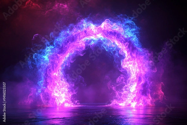 Fototapeta ultraviolet, neon, glowing lines, portal, tunnel, virtual reality. Abstract fashion background, violet neon lights, arch, pink blue spectrum vibrant colors, laser show
