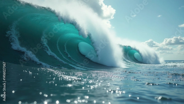 Obraz Massive turquoise wave crashes as a surfer rides beneath it, while two women stand on nearby rocks watching the ocean drama unfold. Generative, AI,