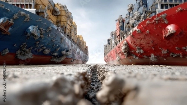 Fototapeta Two massive cargo ships collide, creating a deep chasm in the concrete ground, concept of intense confrontation.