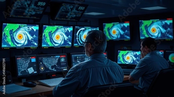 Obraz Two professionals analyze multiple screens displaying hurricane tracking maps and weather data in a control center during nighttime operations