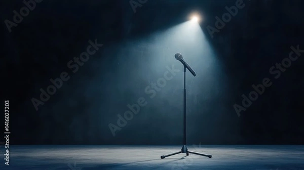 Fototapeta A solitary microphone standing under a spotlight, set against a dark, moody background, ready for performance.