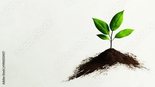 Fototapeta A small plant with green leaves grows out of a pile of dark soil against a plain white background.
