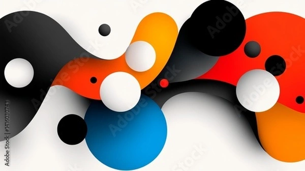 Fototapeta Abstract artwork features overlapping orange, black, red, and blue shapes along with spherical objects over a white backdrop.