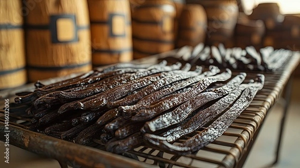 Obraz Dried vanilla beans arranged on a metal rack in a distillery.