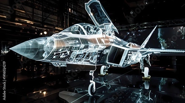 Fototapeta A holographic projection of an fighter jet was projected on the sky, Generative AI illustrations.