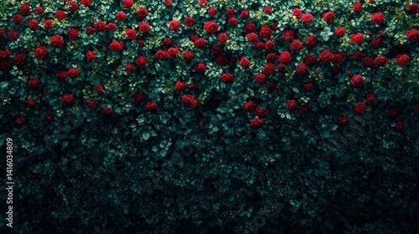 Fototapeta Dark green foliage with many small, red blossoms
