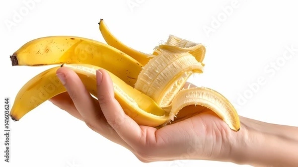 Fototapeta A banana peel in hand isolated on white background with clipping path, food and health concept, Generative AI illustrations.
