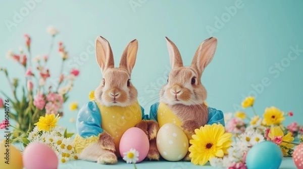 Obraz Adorable rabbits photographed with Easter eggs and seasonal flowers against a simple background, perfect for spring holiday themes.