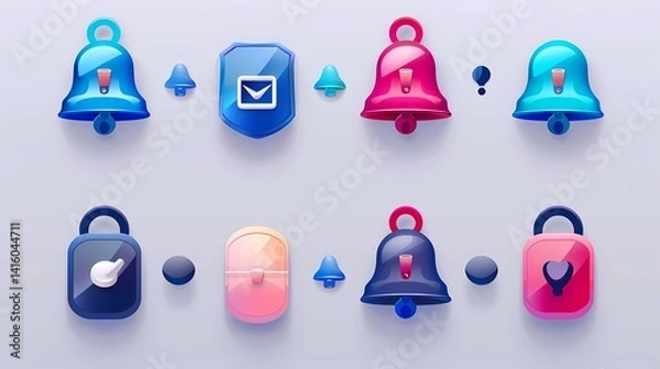 Obraz A notification bell icon set, Incoming inbox message, ringing bell, reminder or subscriber sign for apps, smartphone, alarm alert, Generative AI illustrations.