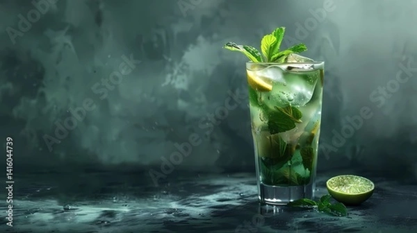 Fototapeta A cocktail with lime and mint in highball glass on a dark stone background, Generative AI illustrations.