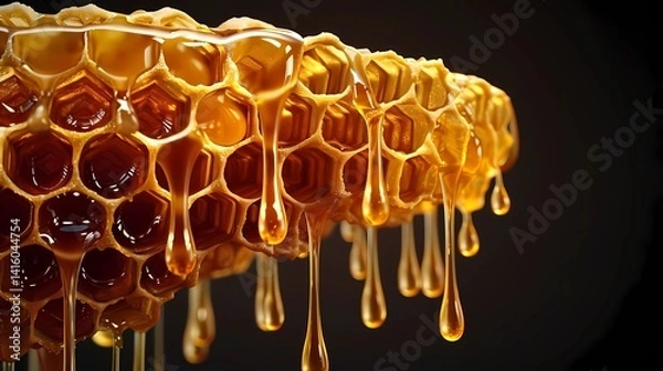 Fototapeta Honey dripping from honeycomb visible in detail against a black background, Generative AI illustrations.