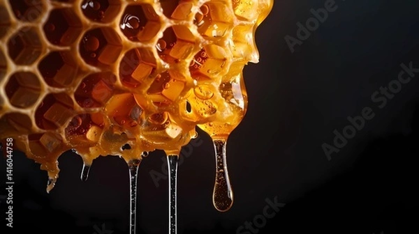 Fototapeta Honey dripping from honeycomb visible in detail against a black background, Generative AI illustrations.