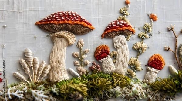 Fototapeta A hand-embroidered style, white canvas embroidered with a few mushrooms, weeds, moss, Generative AI illustrations.