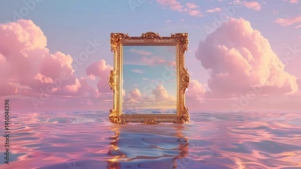 Fototapeta A dreamy fantasy scene, symmetrical straight on shot, empty gold baroque frame in the ocean, design mockup template, golden ratio, Generative AI illustrations.
