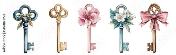 Fototapeta Vintage-style keys adorned with floral embellishments
