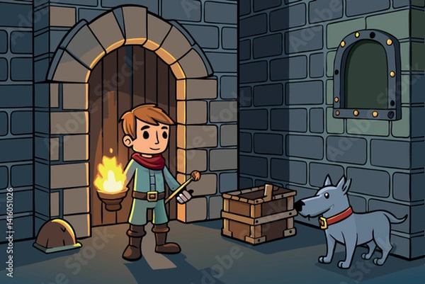 Fototapeta Adventurous boy holding a torch with his dog in a mysterious castle dungeon, filled with cobblestone walls and the warm glow of fire
