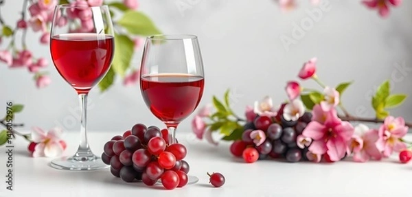 Fototapeta Red wine glass, grapes, spring blossoms, white table, product placement space, beverage, rustic