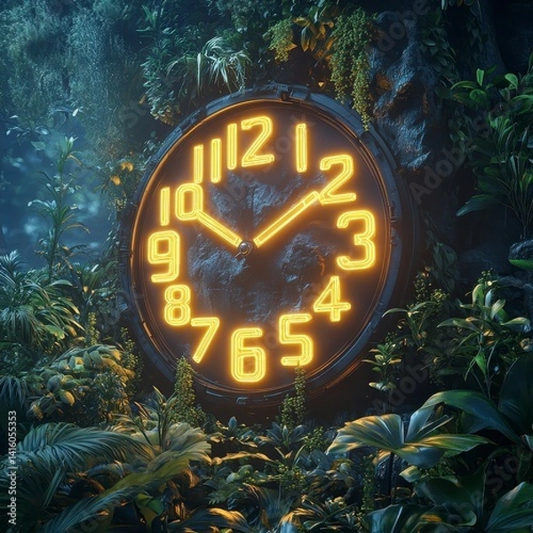 Fototapeta Retro Futuristic Clock Glowing with Neon Yellow Light Surrounded by Lush Jungle Vegetation In Forest Setting
