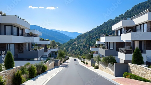 Obraz Modern residential architecture along a scenic mountain road under a clear blue sky