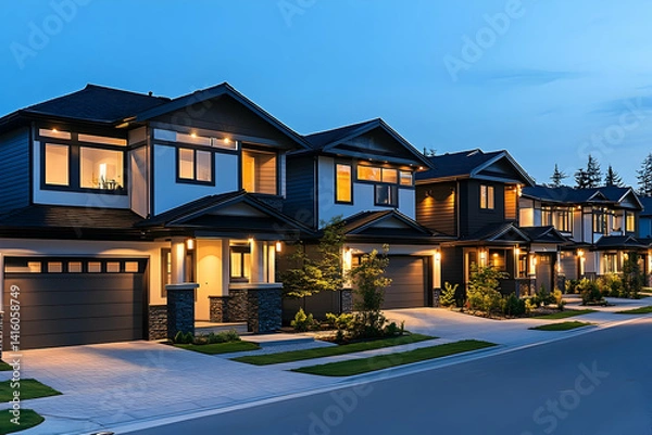 Fototapeta Modern suburban homes illuminated at dusk, showcasing architectural design and serene neighborhood