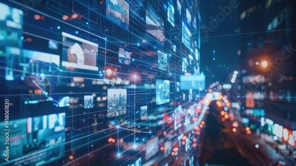 Fototapeta Concept of technology and business in digital style with contemporary concept. High tech cyber graphic in science and artificial intelligence theme for globalization age perfect for background. AIG53.