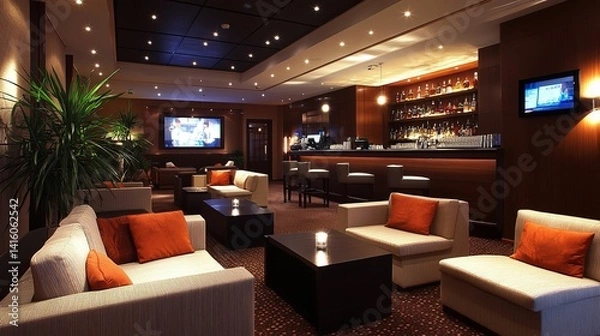 Obraz Luxurious, dimly lit hotel bar lounge area.