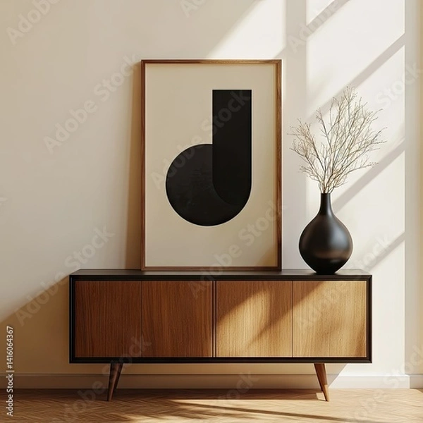 Fototapeta A modern living room featuring a minimalist wooden cabinet with a black vase and a decorative plant. complemented by a neutral wall and a simple abstract artwork above