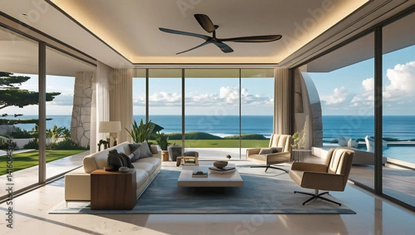Fototapeta Luxury architecture, ocean front property landscape. Modern living room interior design with sleek contemporary designer furniture, minimalist decor large windows, panoramic coastal view background