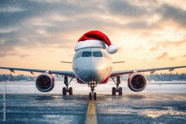 Fototapeta A festive airplane adorned with a bright red Christmas hat sits on a wet runway at night. illuminated by airport lights. creating a cheerful holiday atmosphere