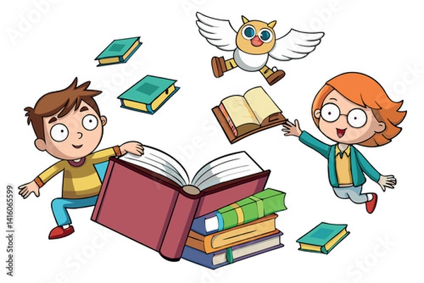 Obraz A magical library adventure with a curious boy and girl exploring flying books and a playful owl, an animated world of imagination