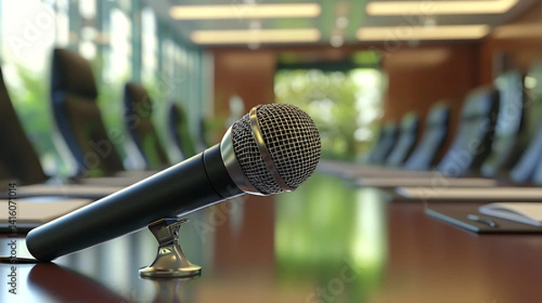 Fototapeta A microphone is on a table in front of a large group of people