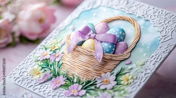 Fototapeta Decorative Easter Basket with Colored Eggs and Flowers