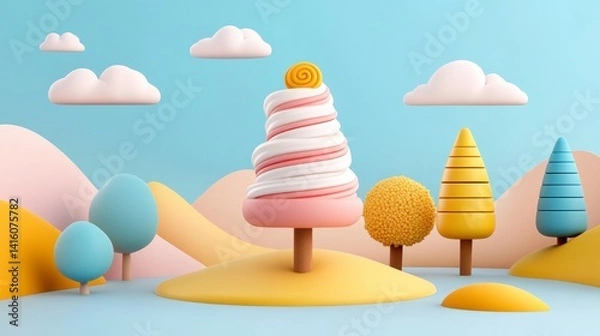 Obraz Whimsical Pastel Landscape with Spiral Tree and Stylized Trees