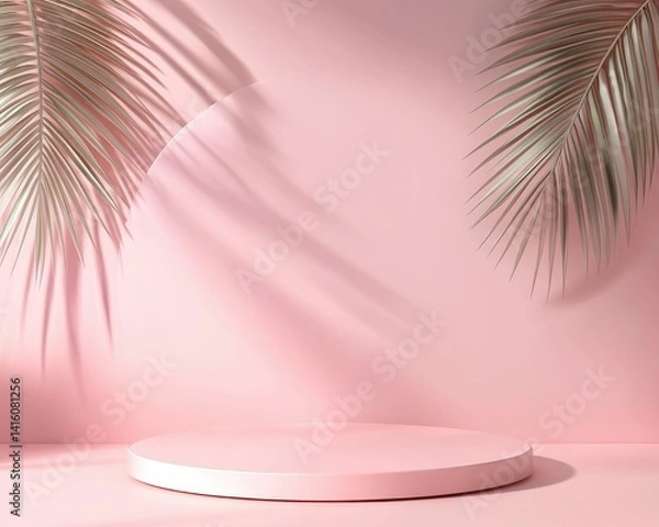 Fototapeta A serene pink-themed display featuring large. stylized leaves and a circular pedestal. creating a calming ambiance suitable for product showcases or artistic presentations