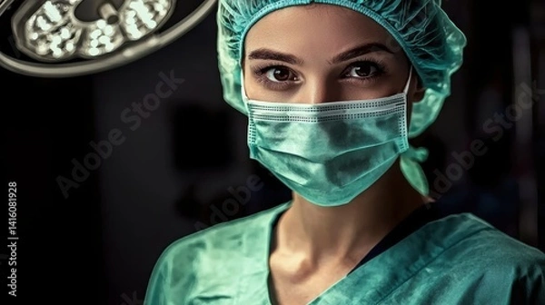 Obraz Surgical procedure in operating room with female surgeon focused and prepared for action