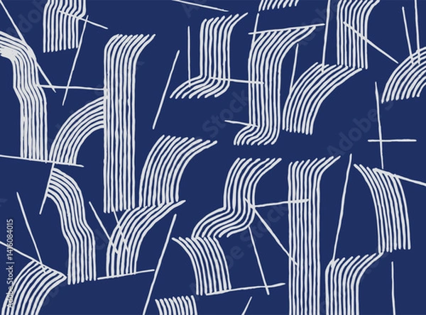 Fototapeta Hand drawn brush lines abstract waterfall pattern, Japanese and ethnic wood carving, engraving texture background, simple graphic for textile, carpet, decoration