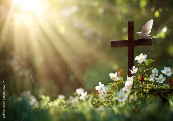 Obraz a cross and dove in the background, an easter theme, with green grass and white flowers