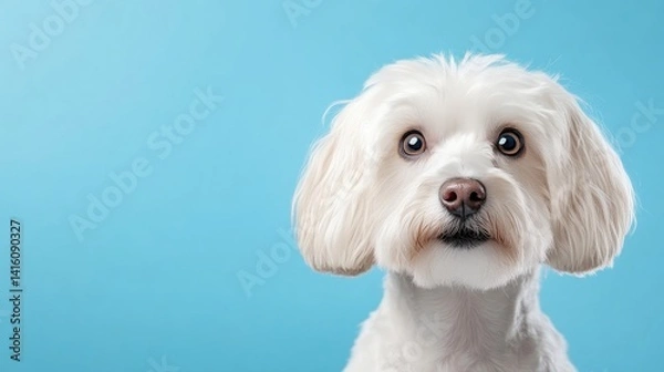 Fototapeta Close-up of a fluffy white dog.  A charming, curious-looking small dog with a soft white coat against a vibrant blue backdrop.  