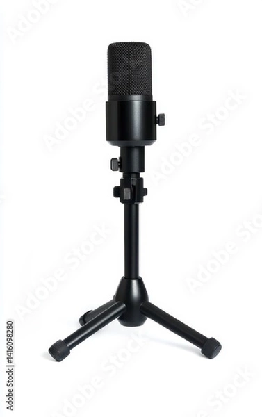 Fototapeta Sleek Black Condenser Microphone on Tripod Stand: Studio-Ready Minimalist Design